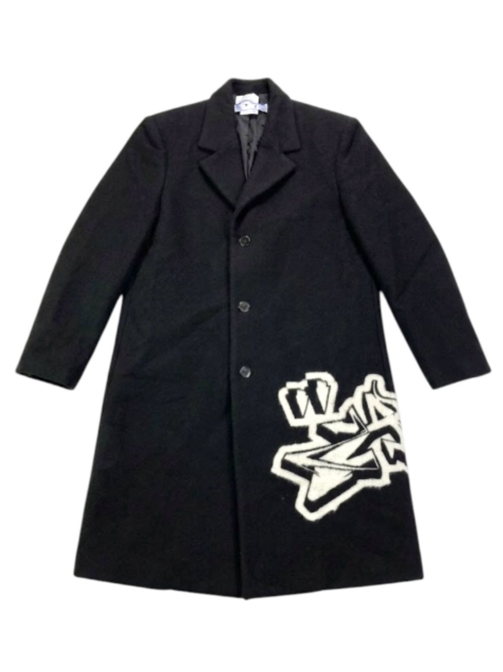 Off-White Black Wool Pea Coat with White Graphic Graffiti Appliqué